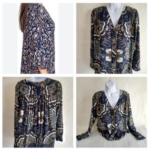 Women's H&M Blouse,  size 8, bold print navy,  boho hippy style button up shirt